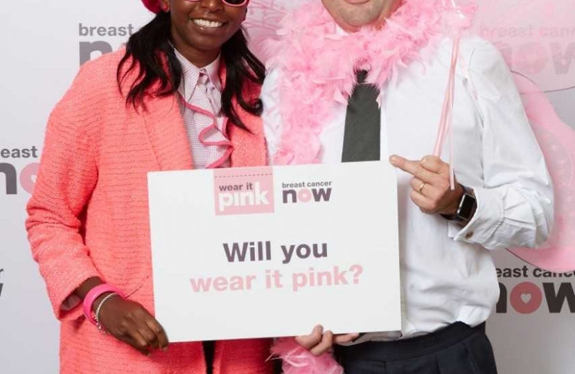 James Duddridge MP and four time Olympian Donna Fraser at wear it pink event at Westminster. 