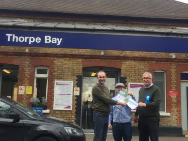 James Duddridge MP giving out Commuter Surveys with Cllr James Moyies and local candidate Daniel Nelson