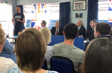 James speaking at the "Back Boris" rally.